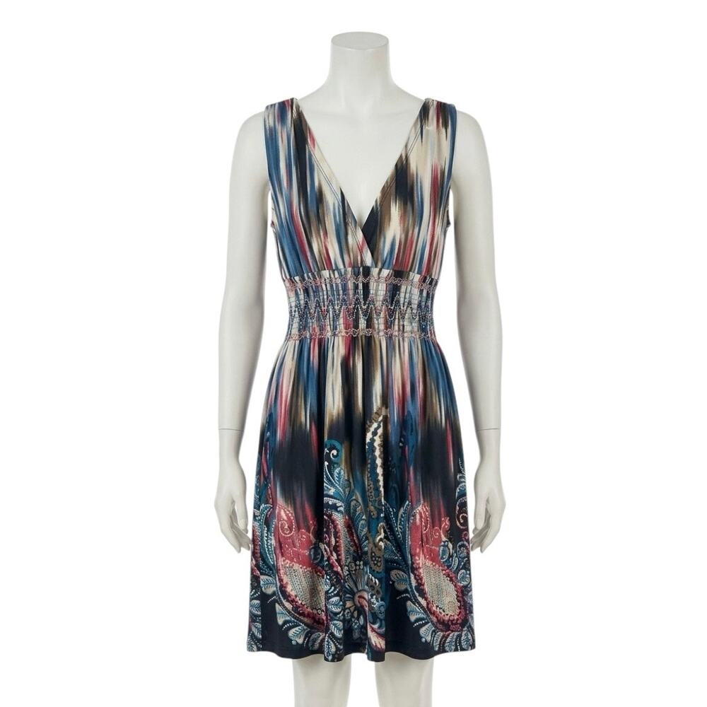 Sleeveless Smocked Waist V-Neck Abstract Paisley Mini Dress M/L